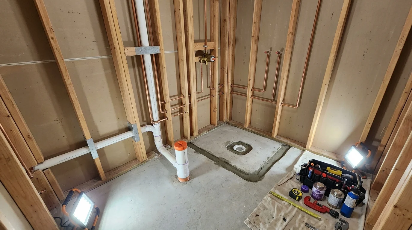 Bathroom rough-in plumbing during remodel by Johns Plumbing LLC in Ellicott City