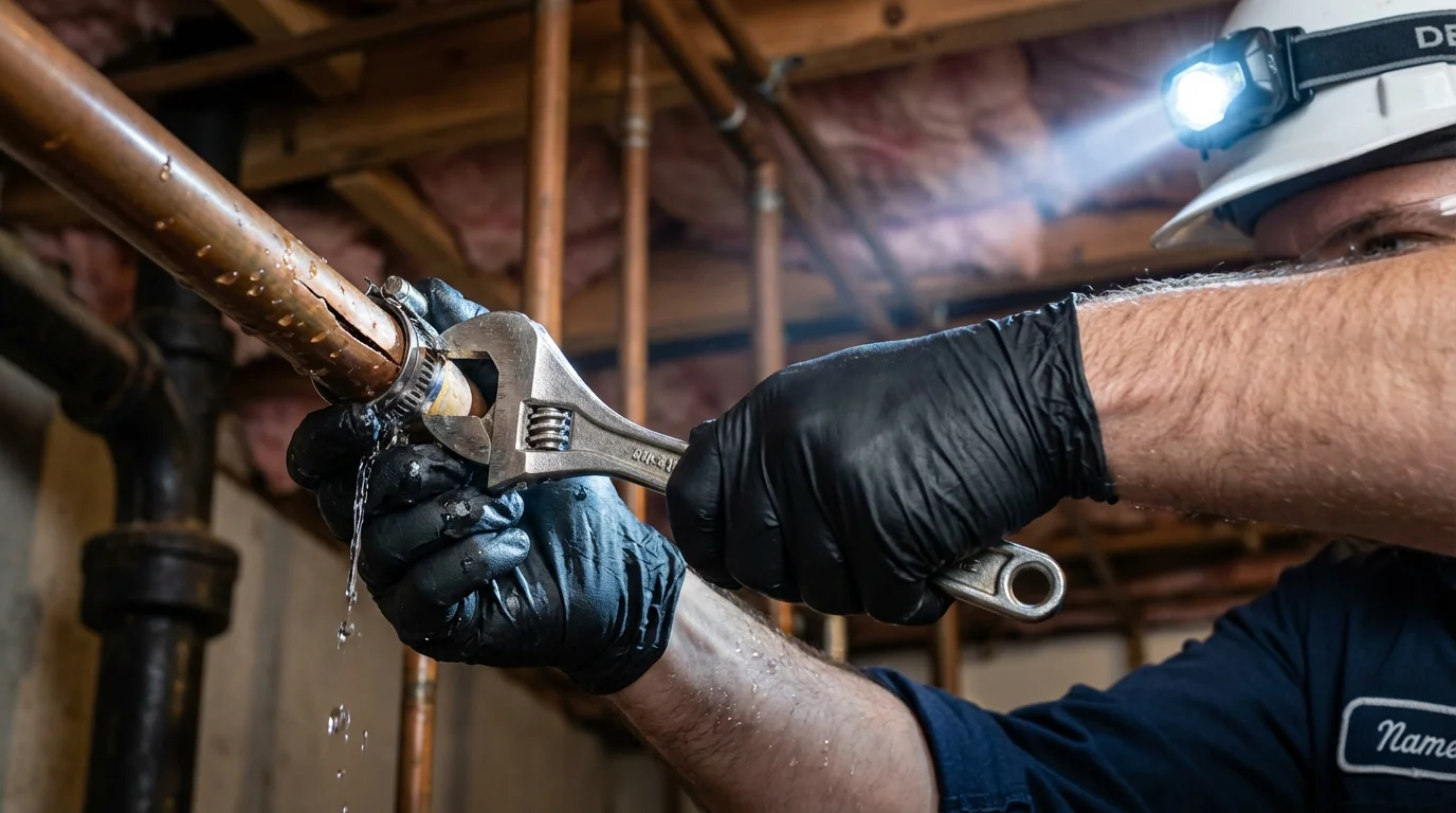 Emergency pipe clamp repair being performed by a Johns Plumbing LLC plumber in Ellicott City