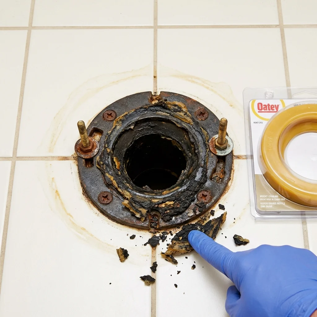 Failed wax ring showing water seepage at the base of a toilet in a Ellicott City, MD home