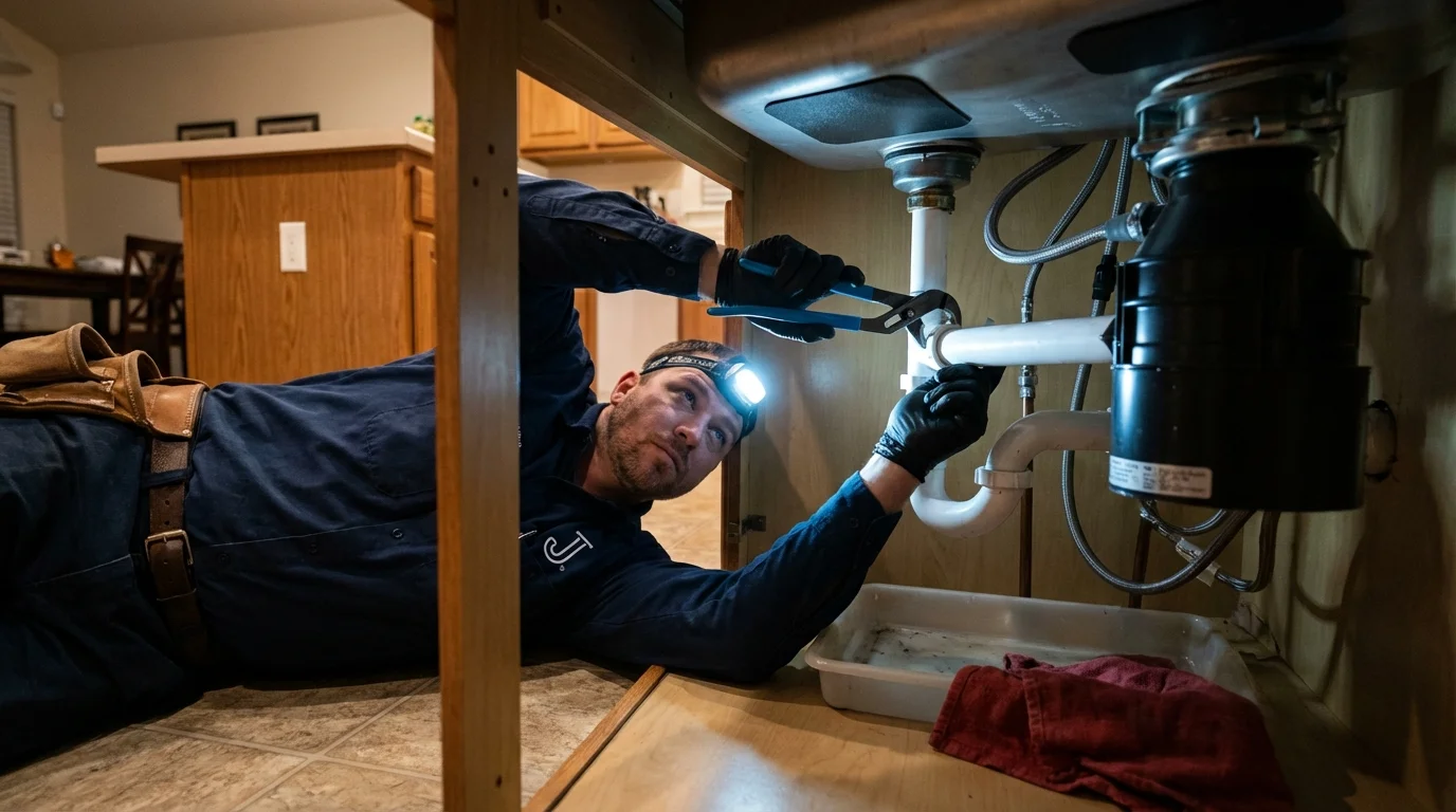 P-trap and supply line connections under a kitchen sink showing a common leak point in Ellicott City, MD